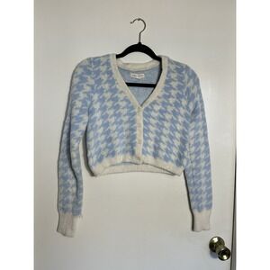 Aeropostale Fuzzy Houndstooth Cropped Cardigan Sweater Blue White Small S Y2K